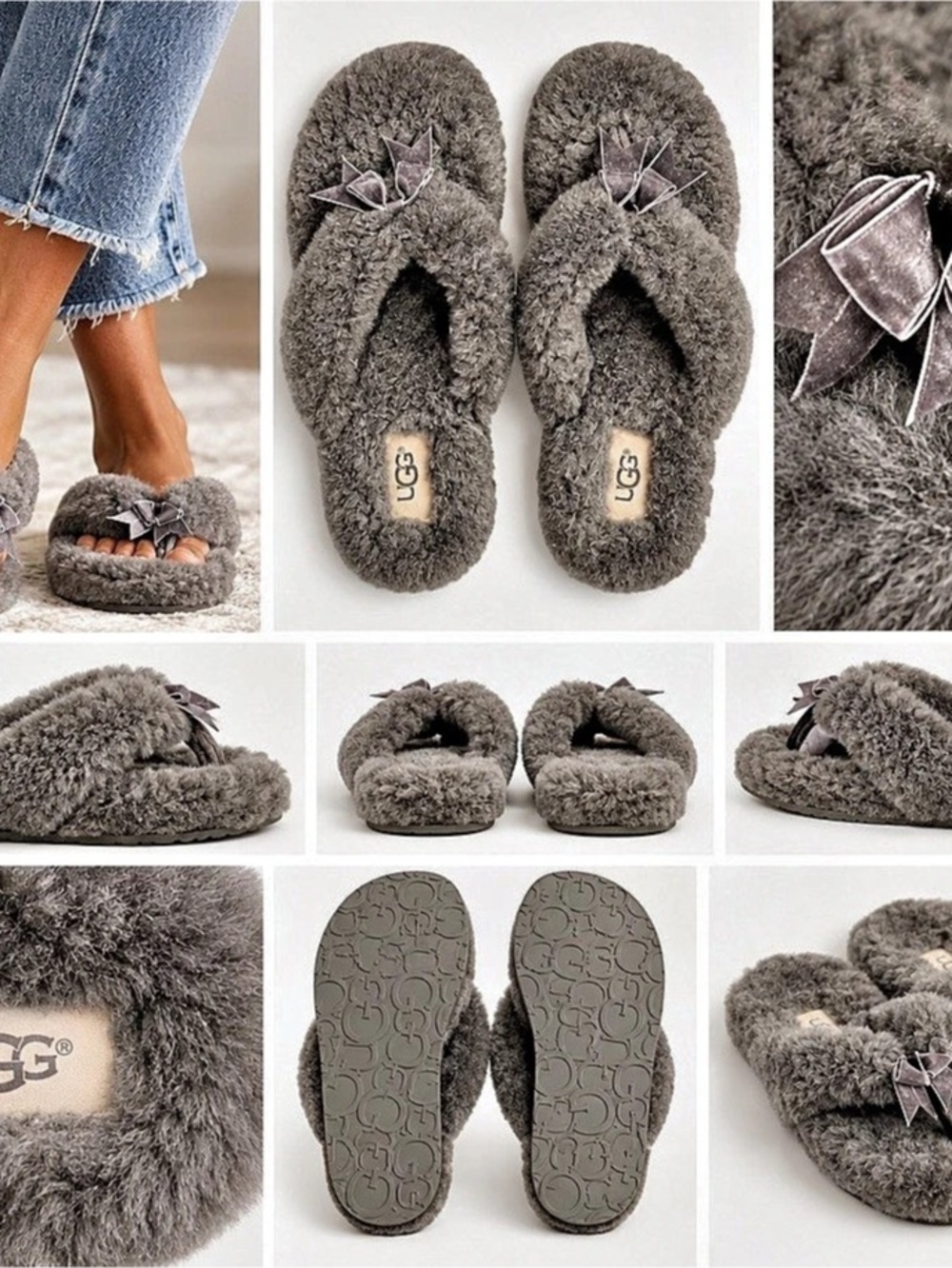 UGG Fluff Flip Flop III Gray Bow Slippers